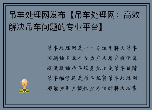 吊车处理网发布【吊车处理网：高效解决吊车问题的专业平台】